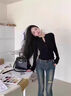 槿城美式甜辣妹紐扣v領(lǐng)長(zhǎng)袖T恤女春秋設(shè)計(jì)感小眾修身純欲顯瘦上衣打底 黑色 T1036 M 推薦105-115斤 曬單實(shí)拍圖