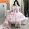 NJTD洛麗塔Lolita法式花嫁禮服抹胸連衣裙禮生日洋裝公主lo蘿莉塔 粉色吊帶裙+外披拖尾 (送裙撐) XL 建議120-140斤 需要M碼備注 曬單實(shí)拍圖