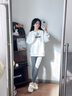 德絨打底褲雙面磨砂秋褲舒適保暖棉褲女可外穿高腰九分褲加絨棉褲 深灰色-(羊羔絨加厚)高腰繡字 M小碼【適合80-105斤】 曬單實(shí)拍圖