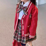 迪士尼（Disney）女大童jk套裝春款2025新款小女孩長(zhǎng)袖開(kāi)衫毛衣學(xué)院風(fēng)百褶裙三件套 紅色套裝(襯衫+裙子) 110 CM 建議身高100-110cm4-5歲 曬單實(shí)拍圖