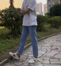 AEMAPE/美國蘋果 高端淺色牛仔褲男秋季修身直筒韓版彈力休閑長褲子男 淺天藍(lán)色 34 曬單實(shí)拍圖