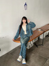 佰藍嬌新中式牛仔套裝女2025春季新款休閑連帽衛衣短外套闊腿褲子三件套 藍色 M （建議85-110斤） 曬單實(shí)拍圖