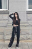 Jret冰絲闊腿褲女2025夏秋薄款高腰寬松垂感顯瘦直筒休閑運(yùn)動(dòng)褲女 黑色冰絲[二條杠線條] 2XL 建議135-165斤 曬單實(shí)拍圖