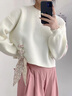 妍莉芬（yanlifen）衛(wèi)衣女裝小個子休閑職業(yè)春季套裝女新款2025年春秋裝衣服兩件套裝 白色針織衫+藍色直筒闊腿褲 S 曬單實拍圖