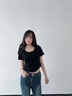 春秋季新款方領(lǐng)露鎖骨長(cháng)袖t恤女早春百搭修身打底衫顯瘦上衣潮ins 872-黑色 XL 建議125-140斤 曬單實(shí)拍圖