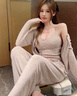浪莎（LangSha）睡衣女春秋夏季三件套裝性感帶胸墊吊帶一體式外穿莫代爾棉家居服 5385三件套摩卡粉 M (80-95斤) 曬單實(shí)拍圖