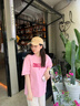 一寸相思聯(lián)名粉色純棉短袖t恤女夏季2025新款歐貨大碼中長款體恤半袖上衣 粉色 S （75-85） 曬單實拍圖
