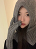 槿城巴拉克拉法帽手套秋冬季女新年紅色保暖針織毛線(xiàn)套頭帽子圍脖一體 灰色【帽子+手套】 均碼 （55-58cm）一般都能戴 曬單實(shí)拍圖