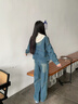 佰藍嬌新中式牛仔套裝女2025春季新款休閑連帽衛衣短外套闊腿褲子三件套 藍色 M （建議85-110斤） 曬單實(shí)拍圖