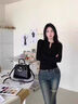 槿城美式甜辣妹紐扣v領(lǐng)長(zhǎng)袖T恤女春秋設(shè)計(jì)感小眾修身純欲顯瘦上衣打底 黑色 T1036 M 推薦105-115斤 曬單實(shí)拍圖