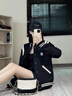 美式復(fù)古飛行員棒球服外套女生春季2025新款甜美V領(lǐng)夾克顯瘦上衣 黑色 3XL 曬單實(shí)拍圖