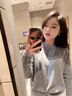 派吉鯊撞色假兩件灰色針織開衫外套女慵懶外搭毛衣上衣 藍(lán)拼白 高品質(zhì)直銷 S 建議75-95斤 曬單實拍圖
