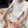 POUM無(wú)袖背心套裝男夏季新款寬松大碼短袖短褲潮牌休閑運(yùn)動(dòng)學(xué)生兩件套 NJN-DHK022杏色(麂皮絨） XL【DHK022這款尺碼偏小，建議拍大一碼】 曬單實(shí)拍圖