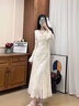 TAOROUSI法式氣質(zhì)V領(lǐng)蕾絲長(zhǎng)袖連衣裙女春秋季新款女裝韓系感魚尾裙子 米白 S 曬單實(shí)拍圖