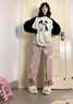 森女部落原創(chuàng)可愛毛絨兔兔圖案直筒褲休閑褲新款秋冬女裝 粉色（單件） 單件 L 曬單實拍圖