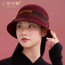 上海故事純羊毛帽子女秋冬季保暖毛呢禮帽復古簡(jiǎn)約香云紗牡丹漁夫帽 酒紅 曬單實(shí)拍圖