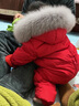喜雅萌男童羽絨連體滑雪服新款童裝貉子毛領(lǐng)女寶兒童嬰兒加厚款白鴨絨服 紅色連體+灰狐貍毛+腰帶鞋套偏 100 S 曬單實拍圖