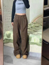 DGOV深咖色牛仔褲女秋季新款胖妹妹mm高腰寬松顯瘦闊腿褲梨形身材褲子 棕咖色（zt） M 建議90-100斤 曬單實(shí)拍圖