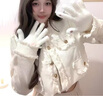 妙奕嘉手套冬季女保暖觸屏露指毛線手套可愛加厚高顏值學(xué)生寫字漏二指 毛球蝴蝶結(jié)手套【可觸屏】白色 曬單實(shí)拍圖