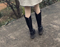 啄木鳥顯瘦高筒騎士靴女2024秋冬新款平底長靴厚底不過膝高個子長筒靴女 黑色升級款加絨 35 曬單實拍圖