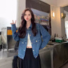 蜜樂奇小香風(fēng)短款牛仔外套女春秋百搭設(shè)計感小眾個子金屬扣寬松夾克上衣 藍(lán)色 M 曬單實拍圖