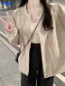 FSHE外套女春秋款2025年新款百搭小個(gè)子燈芯絨拼接美式復古棒球服夾克 杏色 [燈芯絨拼色雙層有里布] 2XL 135-150斤 曬單實(shí)拍圖