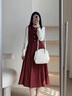 熙世界（sllsky）法式赫本小香風(fēng)連衣裙女秋冬季復古長(cháng)袖假兩件新年紅色裙子 酒紅色 M 曬單實(shí)拍圖