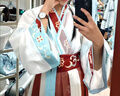 原創(chuàng)魏晉風(fēng)漢服女裝晉制交領(lǐng)齊腰襦裙古風(fēng)成人國(guó)風(fēng)新中式大賞古裝 橘紅色裙套裝 S （身高156-160 體重86-100斤） 曬單實(shí)拍圖
