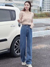 FSHE高腰闊腿牛仔褲女直筒寬松顯瘦胯大腿粗梨形身材拖地加絨褲子春秋 復(fù)古藍(lán)長(zhǎng)褲 L 曬單實(shí)拍圖