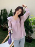 乖甜星韓系溫柔荷葉邊系帶襯衫女早秋夏法式別致甜美設計小眾雪紡衫上衣 粉紫色 S 曬單實(shí)拍圖