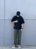 凱瑞姆科羅日系復(fù)古短袖男士襯衫2025夏季潮牌寬松大碼方領(lǐng)休閑戶外工裝襯衣 黑色 XL 曬單實拍圖