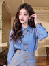她芙（tafu）品牌女裝學(xué)院風(fēng)套裝女2025春秋新款韓版藍色條紋襯衫短褲兩件套 襯衫+短褲 M 曬單實(shí)拍圖