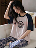 貓人睡衣女夏季薄款短袖長(cháng)褲女式大碼棉質(zhì)家居服套裝可外穿 13011格子 2XL ( 建議體重140-160斤） 曬單實(shí)拍圖