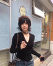 衣然呈品韓系修身v領(lǐng)長(cháng)袖t恤女夏季薄款內搭設計感收腰顯瘦打底衫上衣女 黑色 M 【建議90-110斤】 曬單實(shí)拍圖