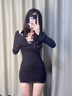 LPOX蕾絲長(cháng)袖v領(lǐng)打底連衣裙女秋性感欲內搭短緊身收腰包臀裙子 黑色 S 【80-95斤】 曬單實(shí)拍圖