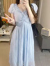 JretV領(lǐng)泡泡袖連衣裙女2025夏季新款法式收腰顯瘦褶皺藍(lán)色中長子ins 藍(lán)色系帶裙子 L [110120斤] 曬單實拍圖