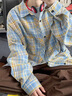 凡衣儂美式復(fù)古格子襯衫男女秋季新款痞帥長袖襯衣寬松休閑情侶百搭外套 藍(lán)黃格 XL [建議125-140斤] 曬單實(shí)拍圖