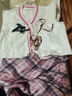 玉極虞秋冬季2024新款學(xué)院學(xué)生針織寬松開(kāi)衫毛衣襯衫蝴蝶結格子長(cháng)裙套裝 杏毛衣+襯衫+粉裙【整套】 L 建議100-115斤 曬單實(shí)拍圖
