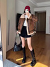皮爾卡丹（pierre cardin）羊羔毛機車(chē)服女冬季加厚東北感皮毛一體麂皮寬松加絨皮衣外套 棕色【升級加厚款】 L 建議141-160斤 曬單實(shí)拍圖