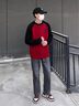森馬（Semir）毛衣男2025春季絨感繡花針織衫內(nèi)搭寬松撞色插肩袖套頭毛衫潮 紅黑色調(diào)00369 M 曬單實(shí)拍圖