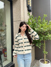 香影綠色條紋毛衣女2025秋季新款慵懶寬松v翻領(lǐng)針織上衣開(kāi)衫外套 米色 S 曬單實(shí)拍圖