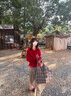 CTOX韓系假兩件元旦穿搭紅色針織衫女開(kāi)衫秋冬感拼接毛衣外套上衣 紅色版 M 建議95-105斤 曬單實(shí)拍圖