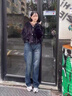 伊離姿牛仔褲女春秋新款加大碼胖mm寬松直筒褲顯瘦松緊腰抽繩闊腿褲子潮 藍色 L 100-120斤 曬單實(shí)拍圖