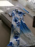忻縈走秀旗袍加長(cháng)款演出服改良奧黛收腰高端舞臺舞蹈服大碼禮儀長(cháng)款短 藍白色 3XL 曬單實(shí)拍圖
