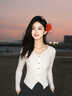 蜜樂奇白色V領(lǐng)喇叭袖毛衣針織開衫2025秋冬季新款女裝韓系chic別致上衣 白色 S 曬單實(shí)拍圖