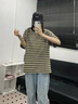 NEW OR MODE條紋短袖t恤男生夏季新款港風(fēng)撞色寬松休閑大碼五分半截袖上衣服 卡其色 XL 曬單實(shí)拍圖