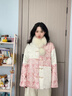 JK&JS【西溪子】兔毛拼接提花外套新中式加厚棉服女款冬季保暖棉衣 米拼粉 S 曬單實(shí)拍圖