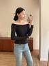 Calvin KleinJeans25早春女士氣質(zhì)溫柔法式ck一字肩羅紋重磅長袖T恤J224992 BEH-太空黑 S 曬單實(shí)拍圖