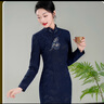 秀觀唐秀觀唐藍(lán)扇2025冬裝新款藏藍(lán)提花刺繡花改良中國風(fēng)女裝日常旗袍裙 藏藍(lán)色 M 曬單實(shí)拍圖