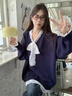 派吉鯊蕾絲拼接假兩件v領(lǐng)針織衫女2025新款秋冬寬松慵懶風(fēng)寬松毛衣軟糯 【藏藍(lán)色】早秋chic上衣/入秋韓 S 40/45kg 曬單實(shí)拍圖